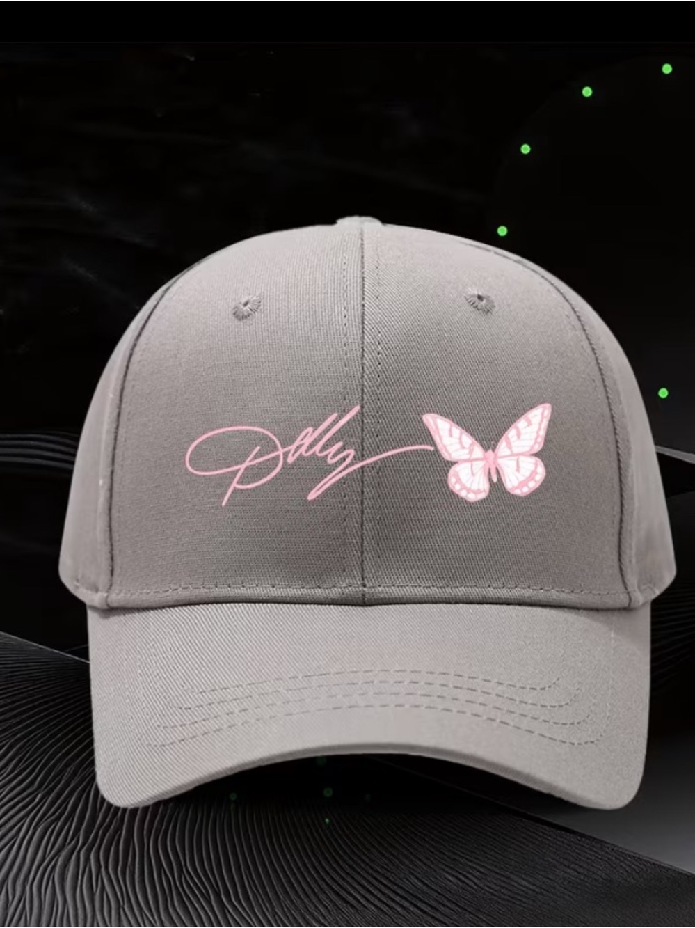 DOLLY Gray Cap with White & Pink Butterfly